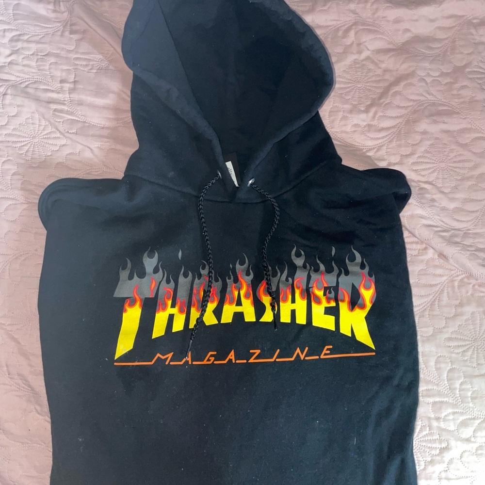 Thrasher Black Hoodie with Yellow and Red Flame Design